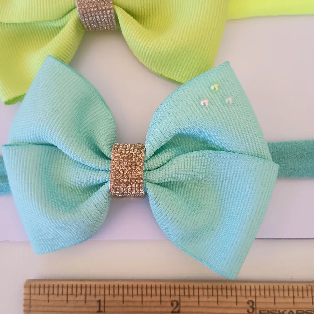 Handmade Elastic Headbands Set Ribbon Bows In Aqua And Green🎀✨